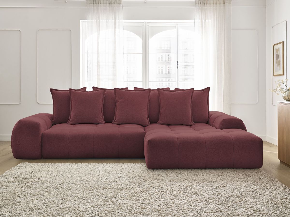 Bobochic Everest Ecksofa mit Schlaffunktion und Bettkasten 318 × 180 cm, 7 Kissen Melange-Stoff Rot Ecke rechts