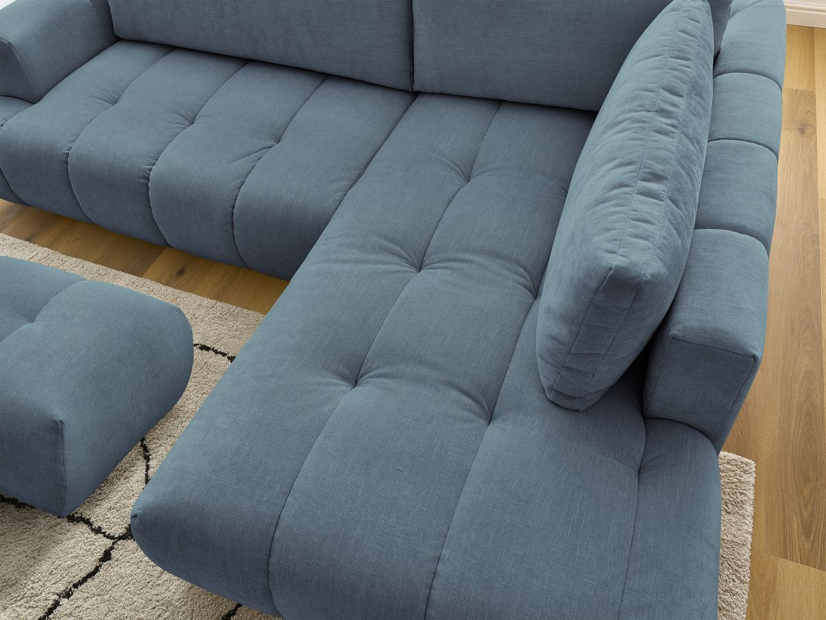 Bobochic Fuji Ecksofa mit Schlaffunktion und Bettkasten und Pouf 282 × 204 cm Stoff Hellblau Ecke rechts