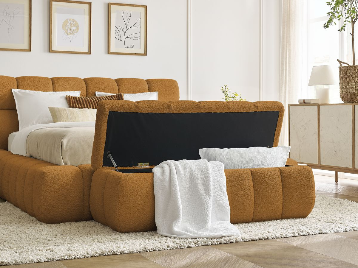 Bobochic Mont-blanc Polsterbett mit Bettkasten mit Bettbank Bouclé-Stoff Gelb, Liegefläche 160 × 200 cm