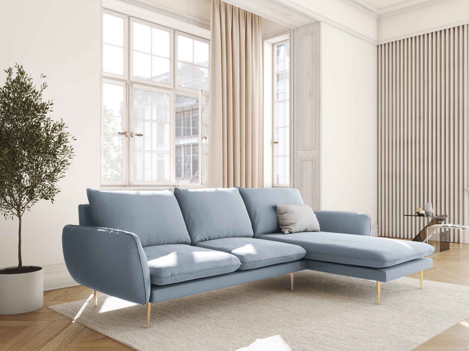 Cosmopolitan Design Ecksofa Vienna 5-Sitzer Samt Bluvel Hellblau Rechts Beine Gold