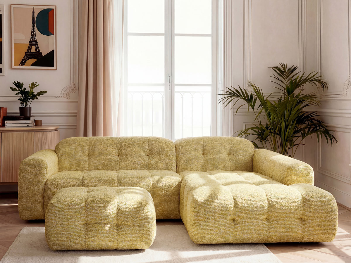 Bobochic Laura Ecksofa mit kleinem Pouf Melange-Stoff Gelb Ecke rechts