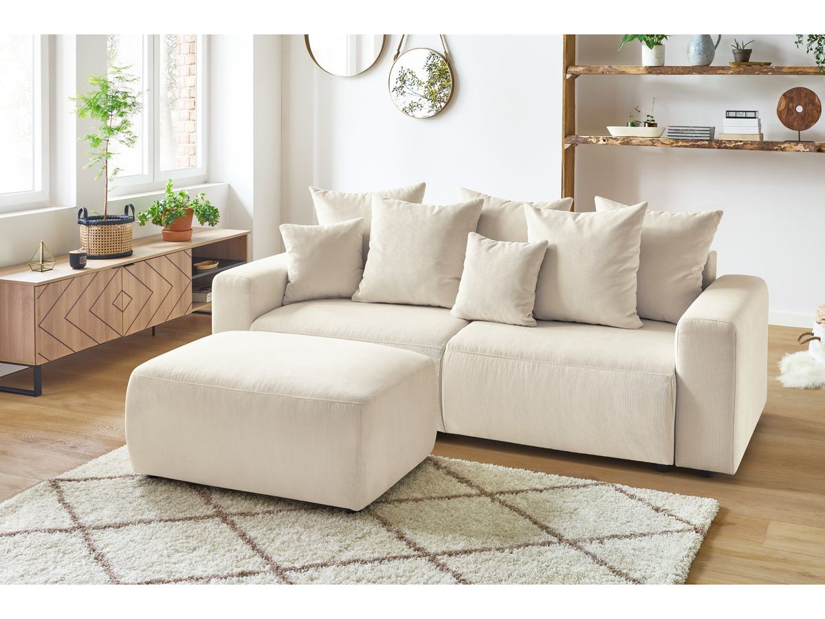 Bobochic Envy Schlafsofa 3-Sitzer mit Bettkasten und Pouf Cordsamt Beige