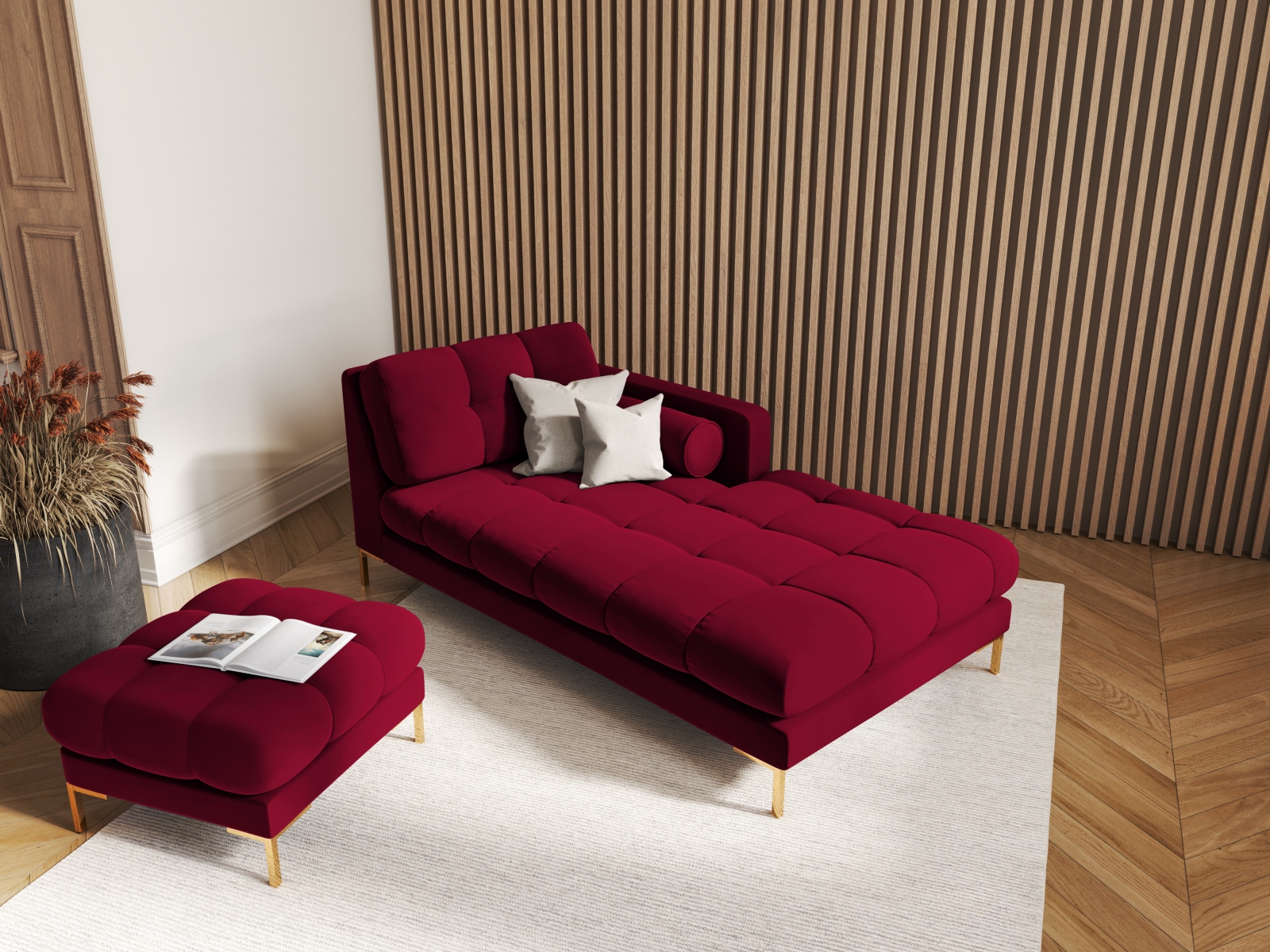 Cosmopolitan Design Chaiselongue Bali Samt Bluvel Rot Rechts Beine Gold