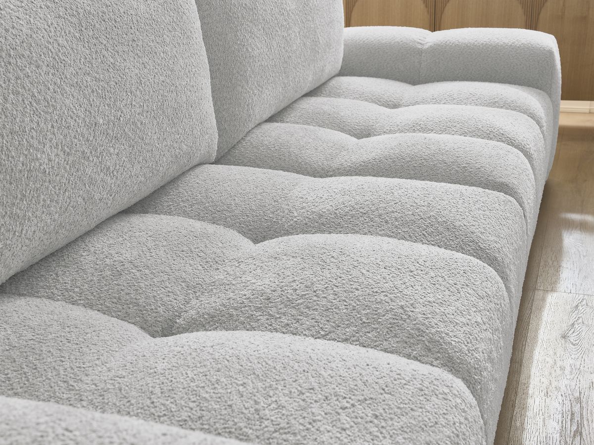 Bobochic Anakin Schlafsofa 3-Sitzer mit Bettkasten und Pouf, 2 Kissen Bouclé-Stoff Hellgrau