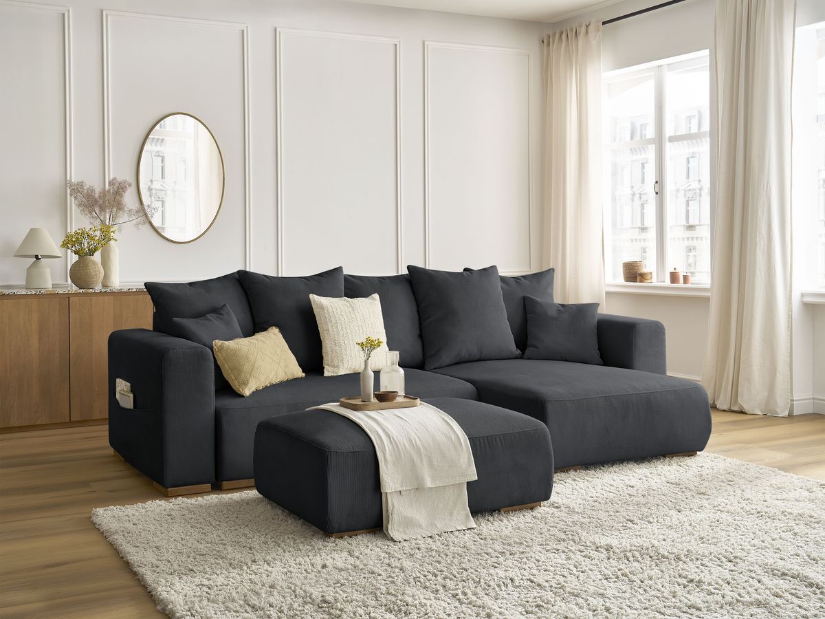 Bobochic Sidonie Ecksofa mit Schlaffunktion und Bettkasten und Pouf Cordsamt Schwarz