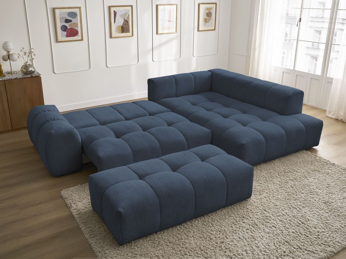 Bobochic Everest Ecksofa mit Schlaffunktion und Bettkasten und Pouf 320 × 212 cm, 5 Kissen Melange-Stoff Dunkelblau Ecke rechts