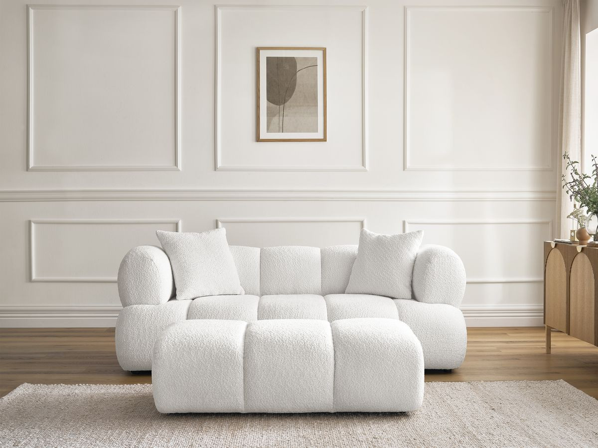 Bobochic Pamira Sofa 2-Sitzer mit Pouf Bouclé-Stoff Weiß
