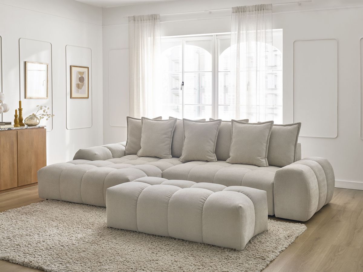 Bobochic Everest Ecksofa mit Schlaffunktion und Bettkasten und Pouf 318 × 180 cm, 7 Kissen Strukturstoff Hellgrau Ecke links