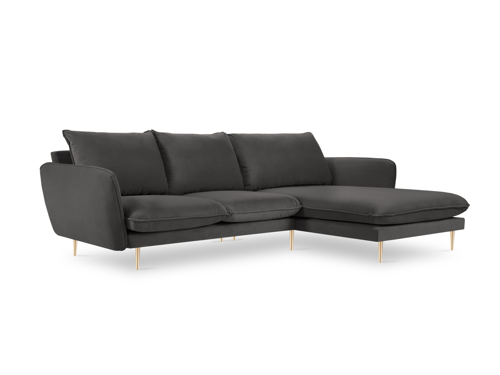 Cosmopolitan Design Ecksofa Vienna 5-Sitzer Samt Bluvel Dunkelgrau Melange Rechts Beine Gold