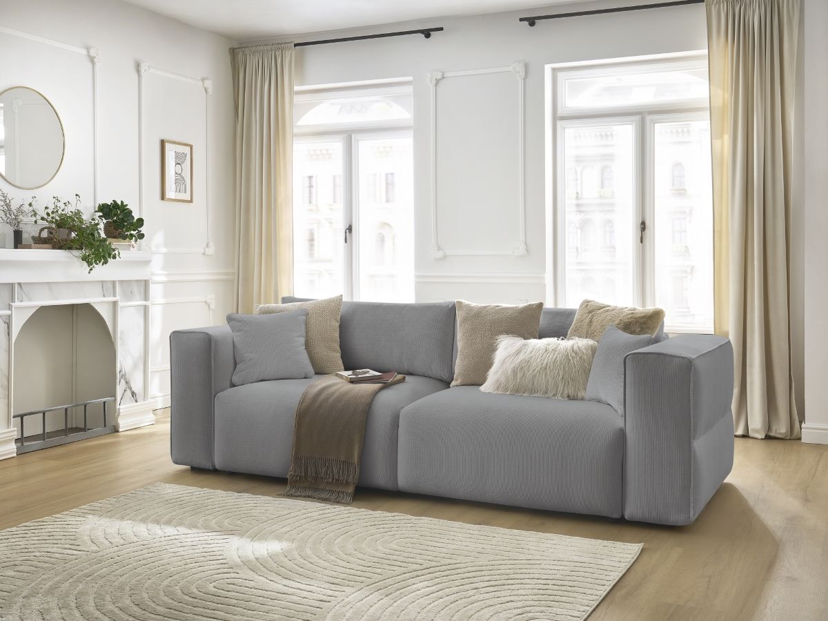 Bobochic Ezechiel Schlafsofa 3-Sitzer mit Bettkasten Melange-Stoff Hellgrau