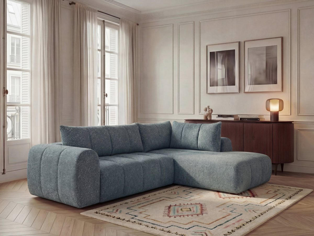 Bobochic Nesty Ecksofa in L-Form, 256 cm Melange-Stoff Blau Ecke rechts