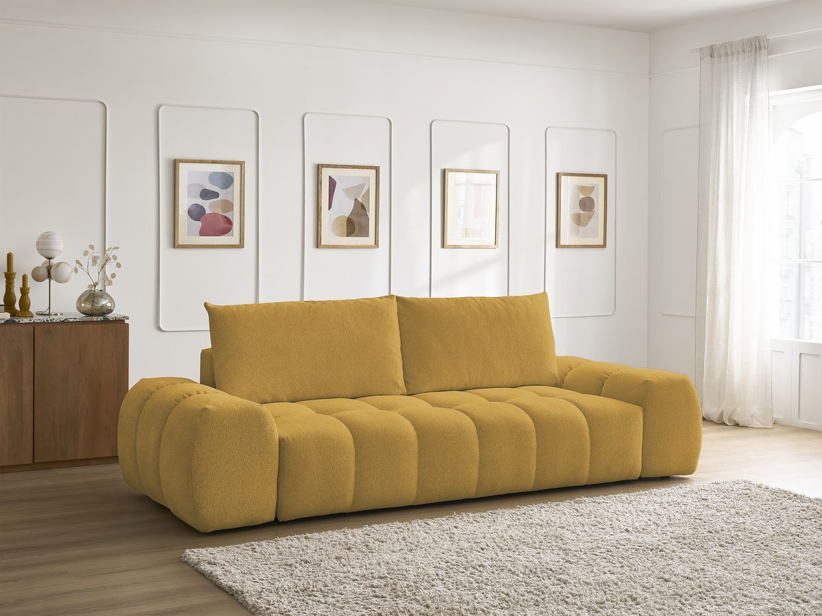 Bobochic Everest Schlafsofa 3-Sitzer mit Bettkasten, 2 Kissen Melange-Stoff Gelb