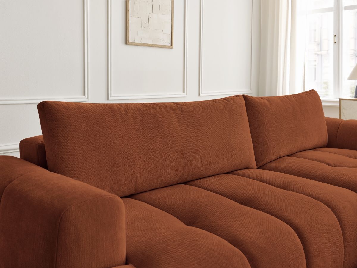 Bobochic Fuji Ecksofa mit Schlaffunktion und Bettkasten und Pouf 292 × 160 cm Stoff Orange Ecke rechts