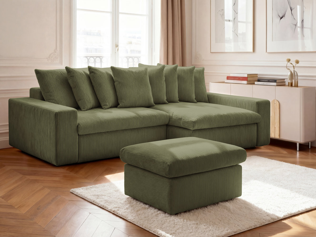 Bobochic Enore Ecksofa mit Pouf Cordsamt Hellgrün Ecke rechts
