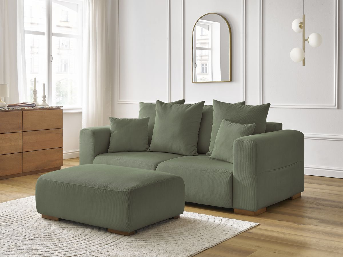Bobochic Sidonie Sofa 3-Sitzer mit Pouf Cordsamt Grün