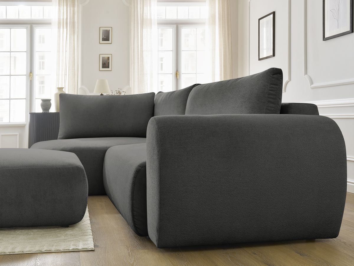 Bobochic Lucien Ecksofa mit Schlaffunktion und Bettkasten und Pouf 296 × 198 cm Stoff Dunkelgrau Ecke links