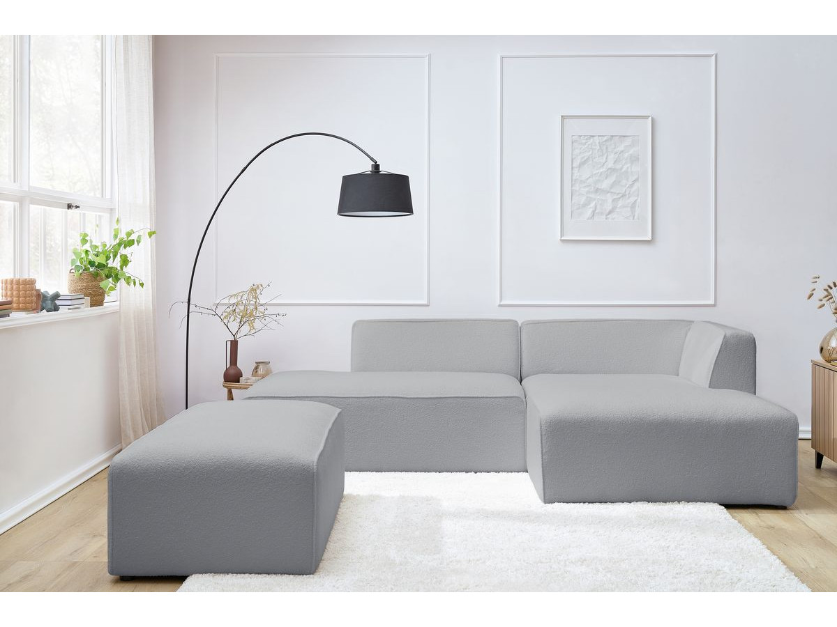 Bobochic Megeve Ecksofa mit Schlaffunktion und Pouf Bouclé-Stoff Hellgrau Ecke rechts