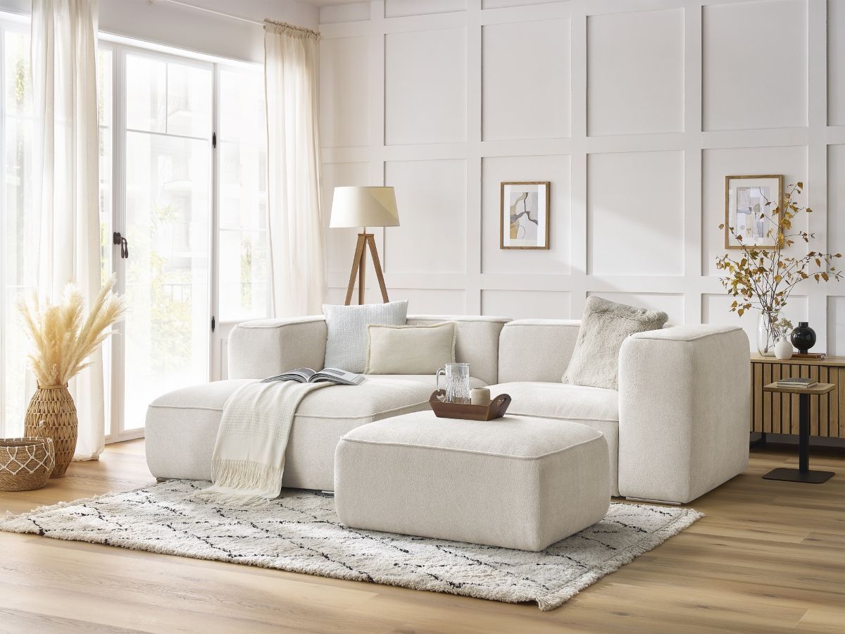 Bobochic Zephyr Ecksofa mit Pouf 260 × 165 cm Strukturstoff Weiß Ecke links