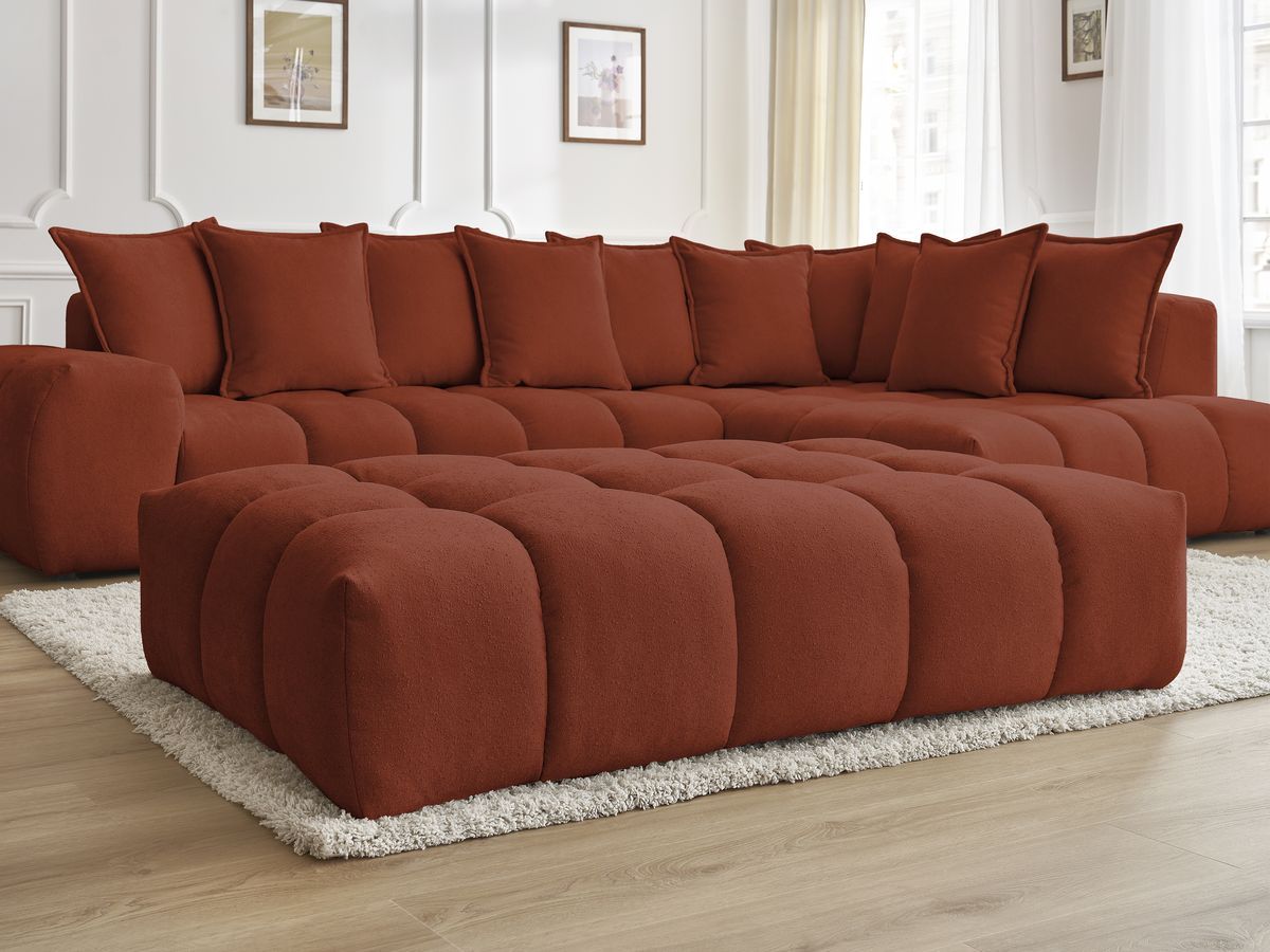 Bobochic Everest Ecksofa mit Schlaffunktion und Pouf, 10 Kissen Strukturstoff Orange Ecke rechts