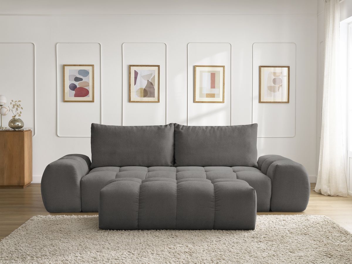 Bobochic Everest Sofa 3-Sitzer mit Pouf, 2 Kissen Strukturstoff Dunkelgrau