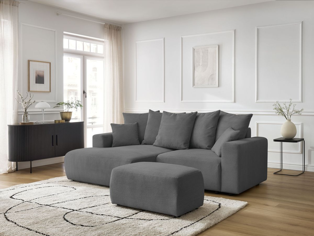 Bobochic Atilla Ecksofa mit Schlaffunktion und Bettkasten und Pouf Cordsamt Dunkelgrau Ecke links