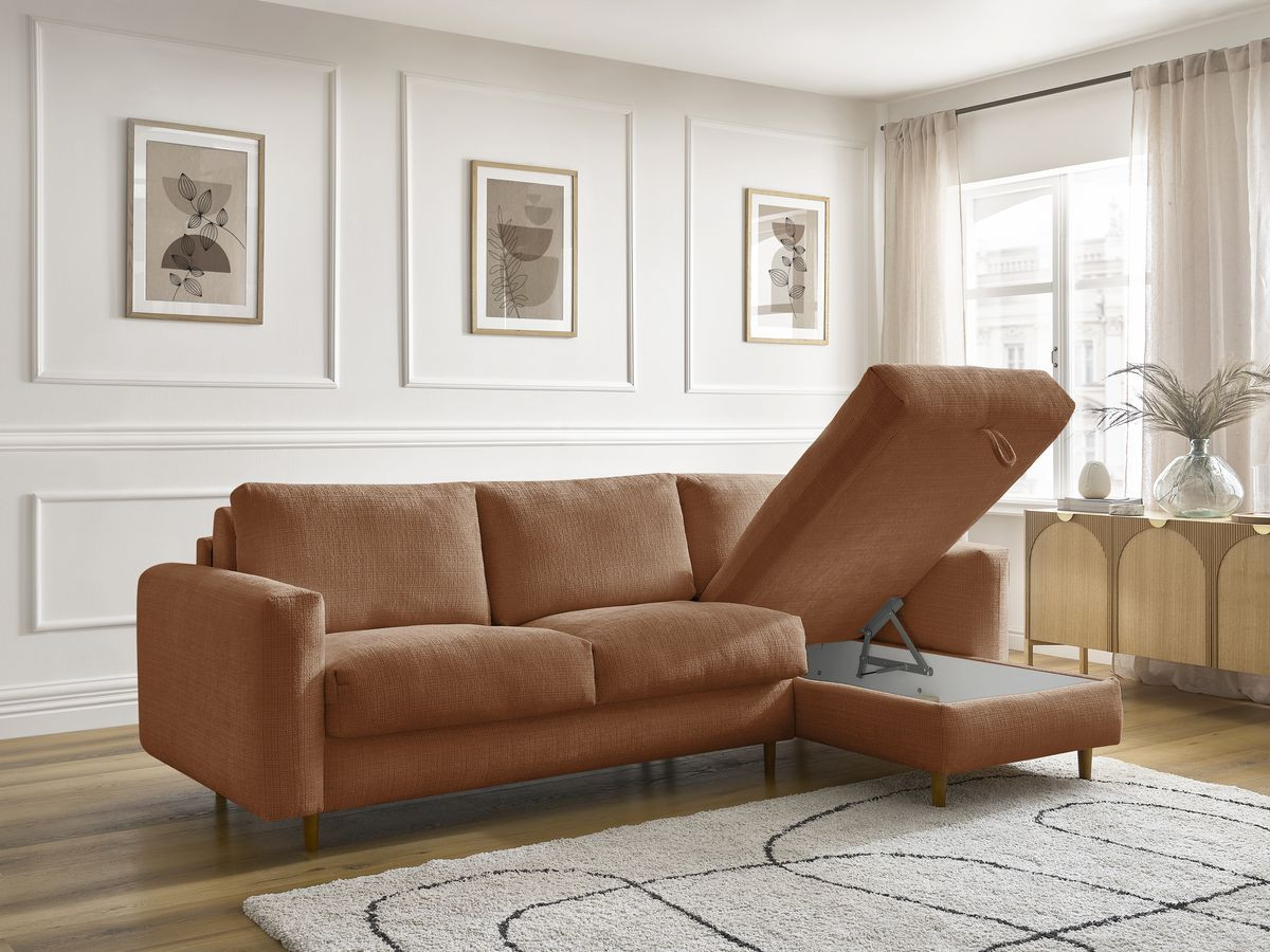 Bobochic Cocoone Ecksofa mit Schlaffunktion und Bettkasten Strukturstoff Orange, Liegefläche 140 × 200 cm