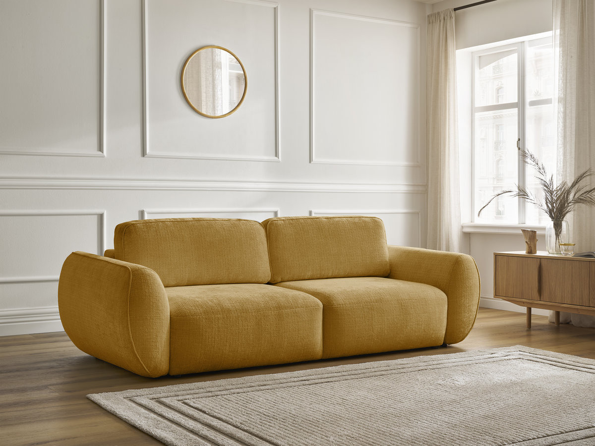 Bobochic Denise Schlafsofa 3-Sitzer mit Bettkasten Strukturstoff Gelb