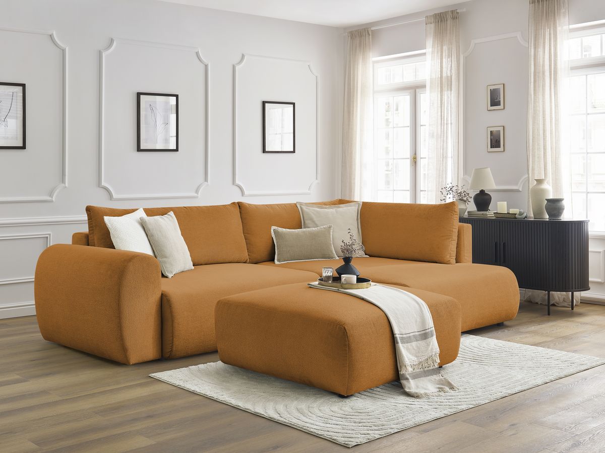 Bobochic Lucien Ecksofa mit Schlaffunktion und Bettkasten und Pouf 296 × 198 cm Stoff Gelb Ecke rechts