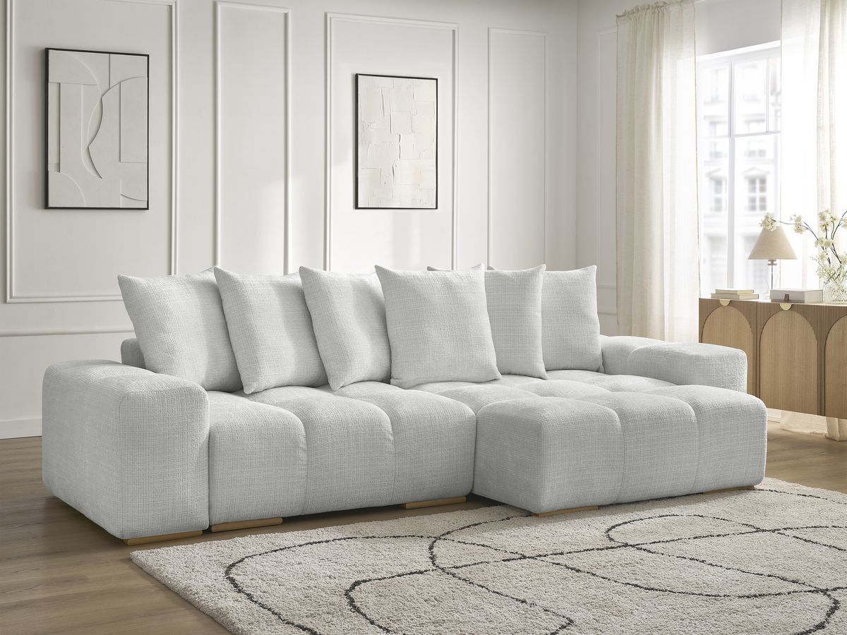 Bobochic Anakin Ecksofa mit Schlaffunktion und Bettkasten, 6 Kissen Strukturstoff Hellgrau