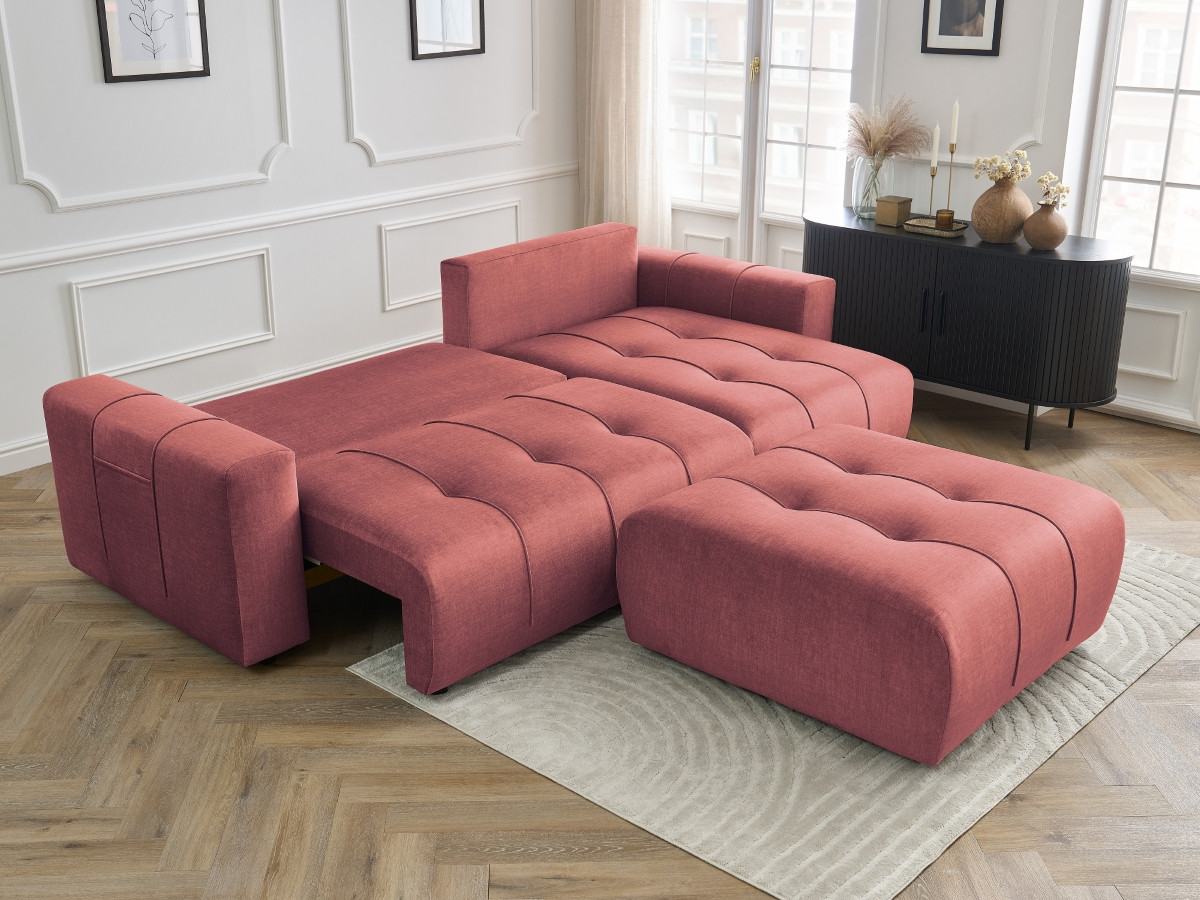 Bobochic Arsene Ecksofa mit Schlaffunktion und Bettkasten und Pouf 288 × 148 cm Samt Orange