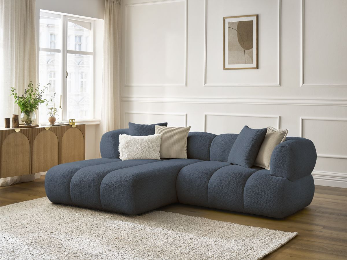 Bobochic Pamira Ecksofa Bouclé-Stoff Dunkelblau Ecke links