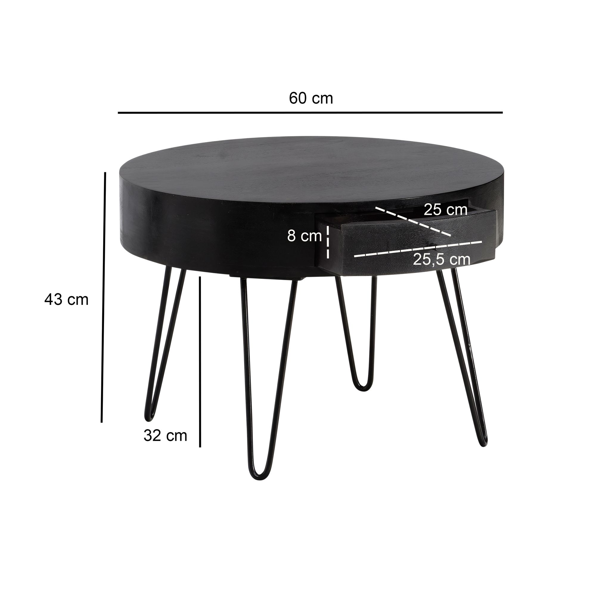 Couchtisch Eggkleiva Mango Massivholz Schwarz Ø 60 cm