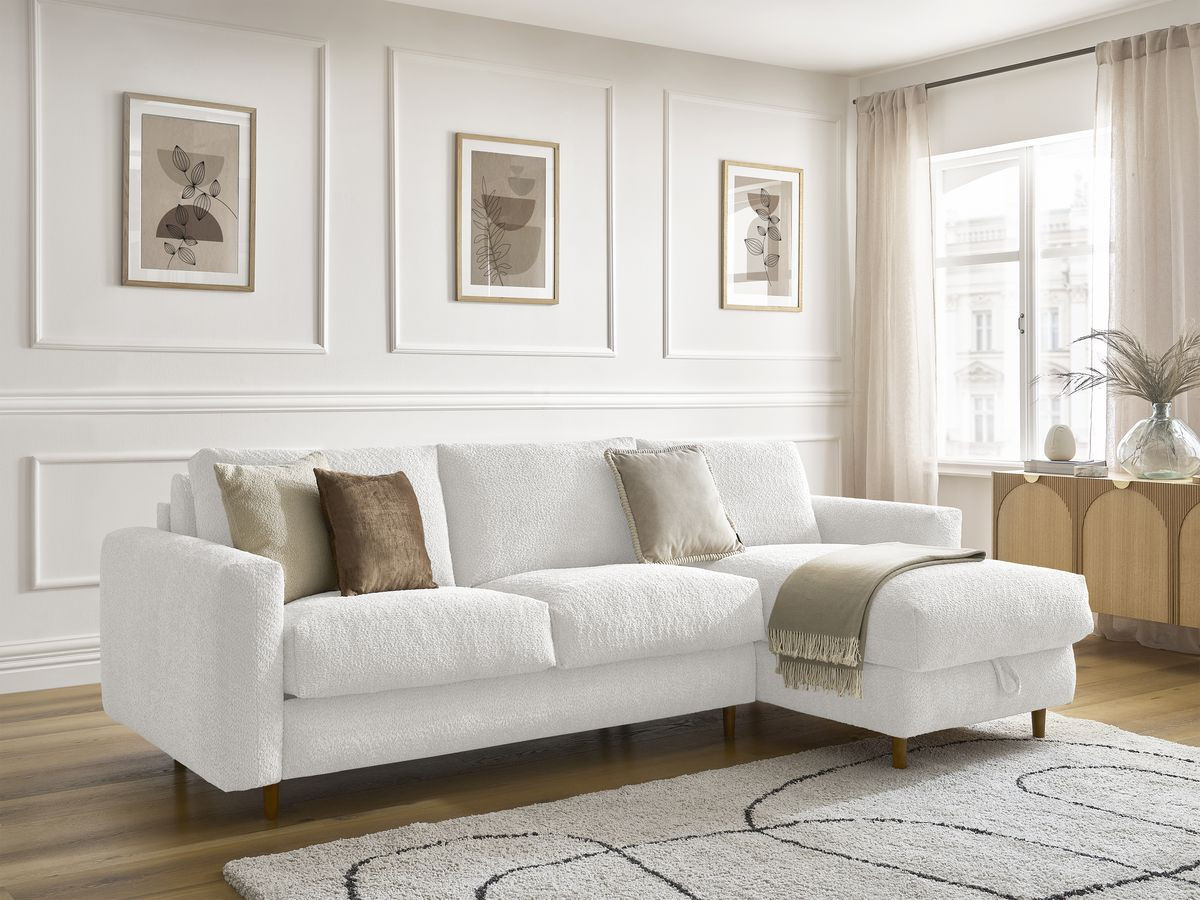 Bobochic Cocoone Ecksofa mit Schlaffunktion und Bettkasten Bouclé-Stoff Weiß, Liegefläche 160 × 200 cm