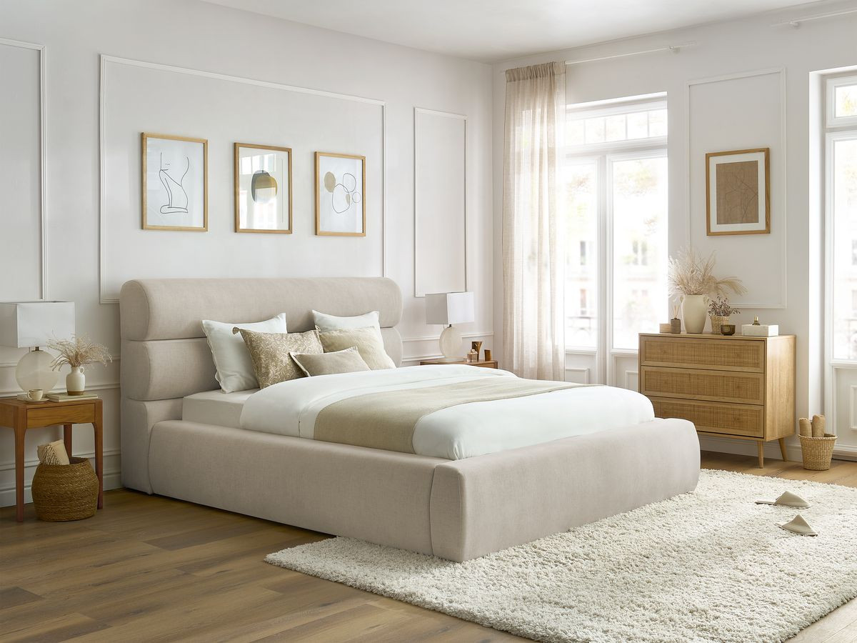 Bobochic Jagna Polsterbett mit Bettkasten Stoff Beige, Liegefläche 140 × 190 cm