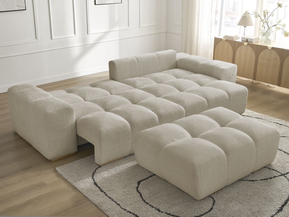 Bobochic Anakin Ecksofa mit Schlaffunktion und Bettkasten und Pouf, 2 Kissen Strukturstoff Beige