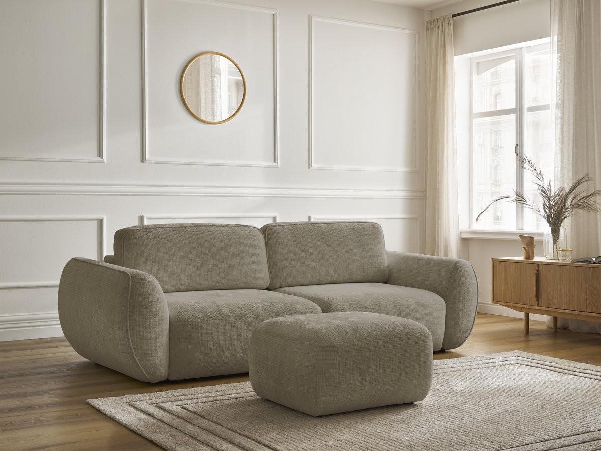 Bobochic Denise Schlafsofa 3-Sitzer mit Bettkasten und Pouf Strukturstoff Taupe