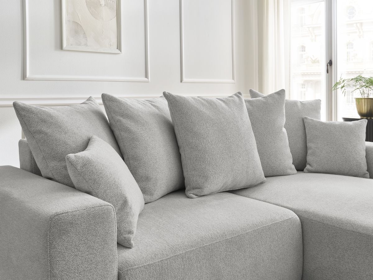 Bobochic Atilla Ecksofa mit Schlaffunktion und Bettkasten Melange-Stoff Hellgrau Ecke rechts