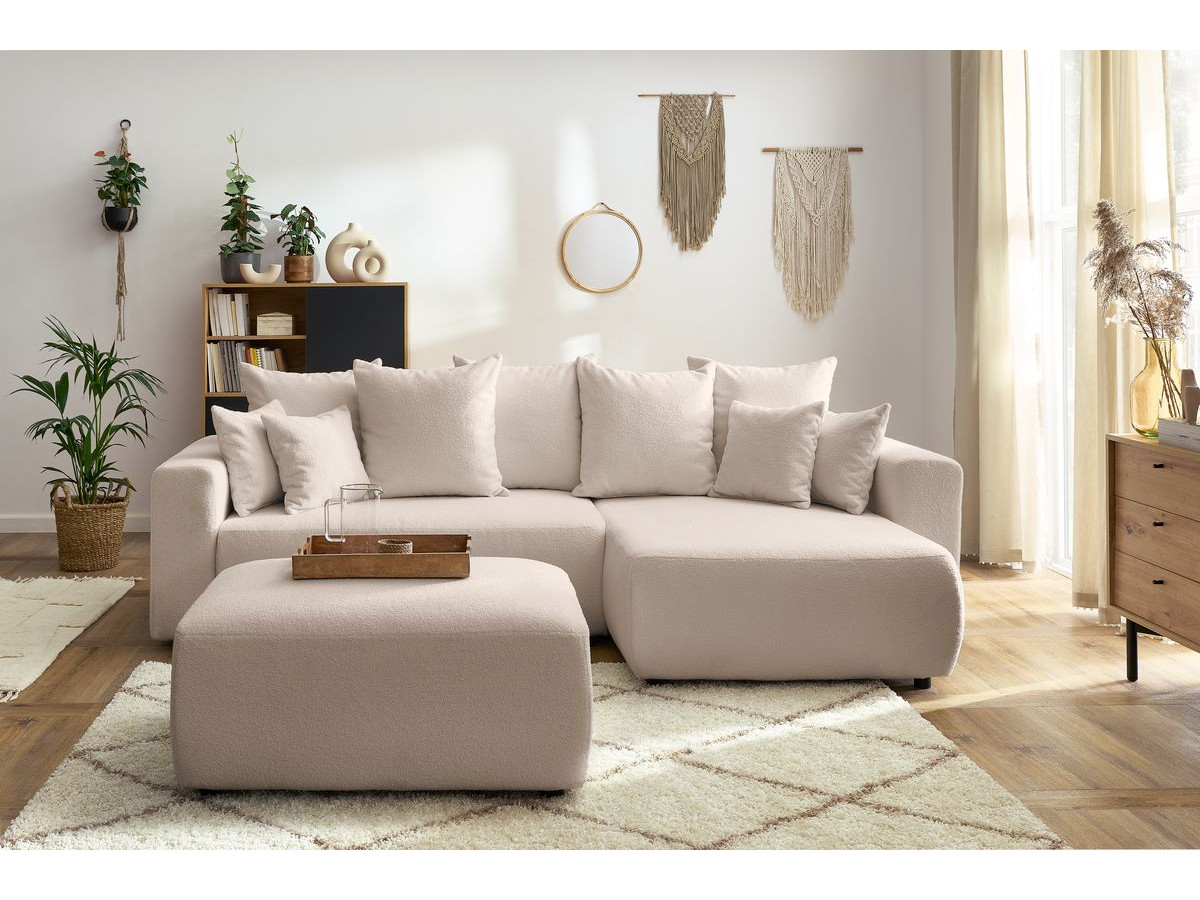 Bobochic Envy Ecksofa mit Schlaffunktion und Bettkasten und rechteckigem Pouf Bouclé-Stoff Beige