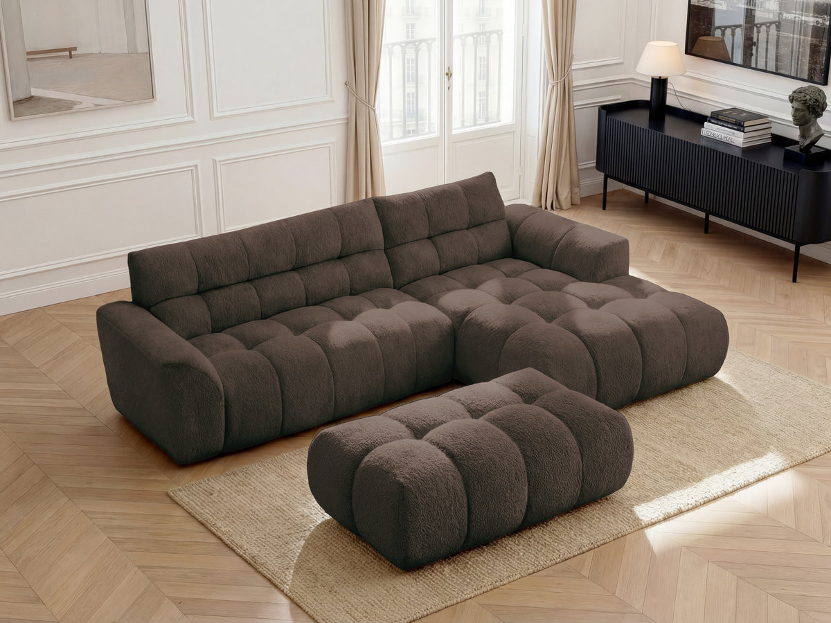 Bobochic Jaya Ecksofa mit Pouf Chenille Braun Ecke rechts