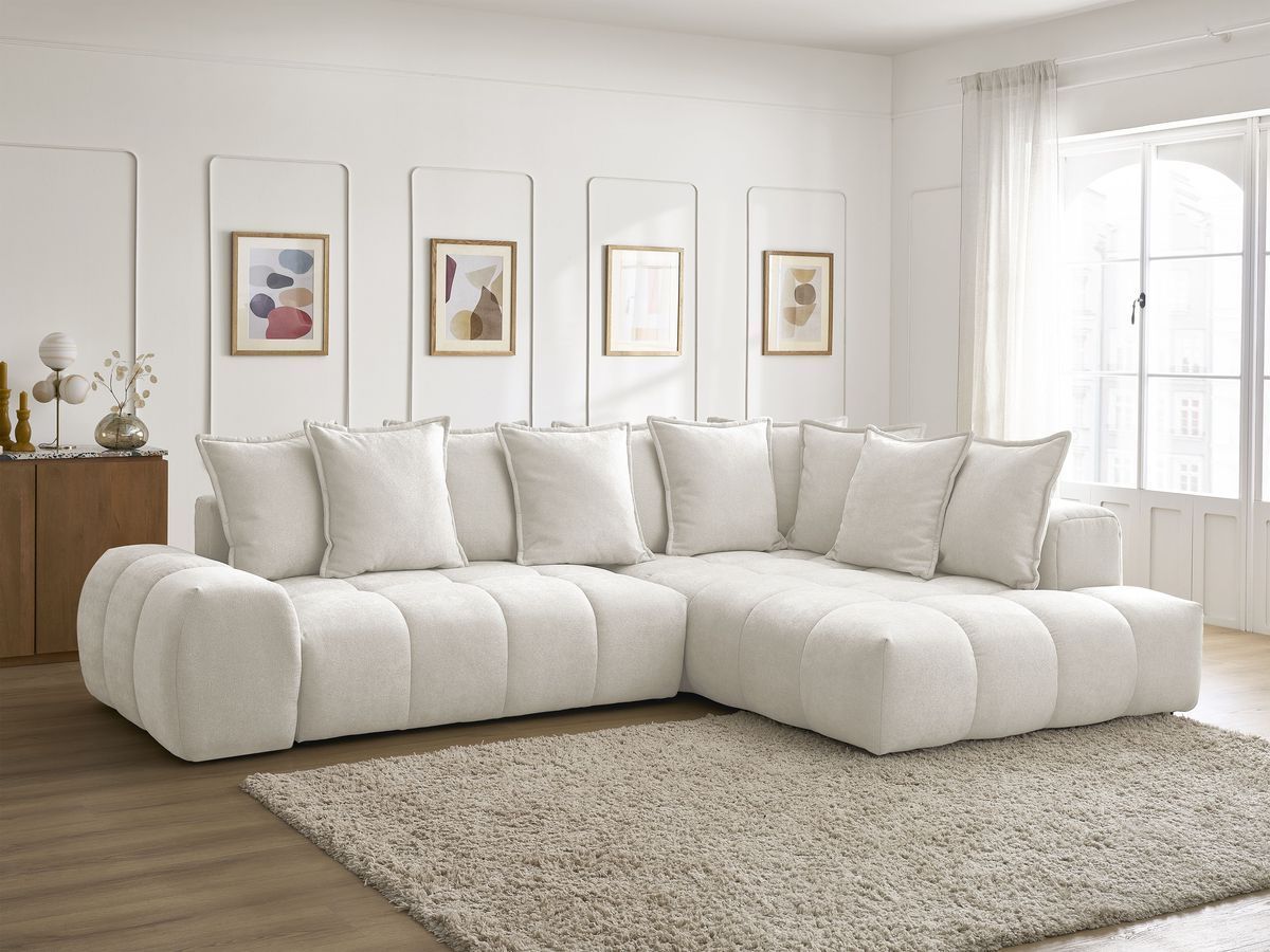 Bobochic Everest Ecksofa mit Schlaffunktion und Bettkasten 320 × 212 cm, 10 Kissen Strukturstoff Weiß Ecke rechts