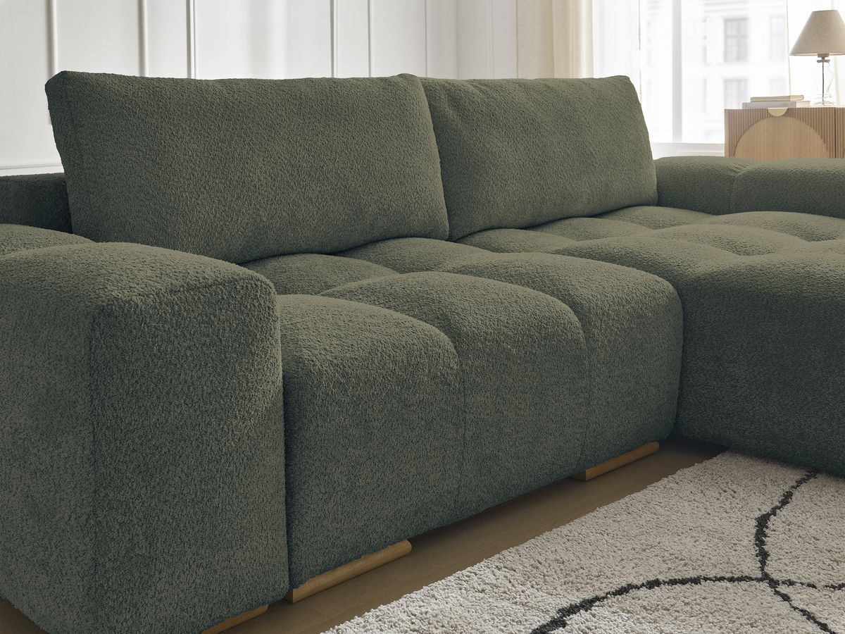 Bobochic Anakin Ecksofa mit Schlaffunktion und Bettkasten, 2 Kissen Bouclé-Stoff Grün