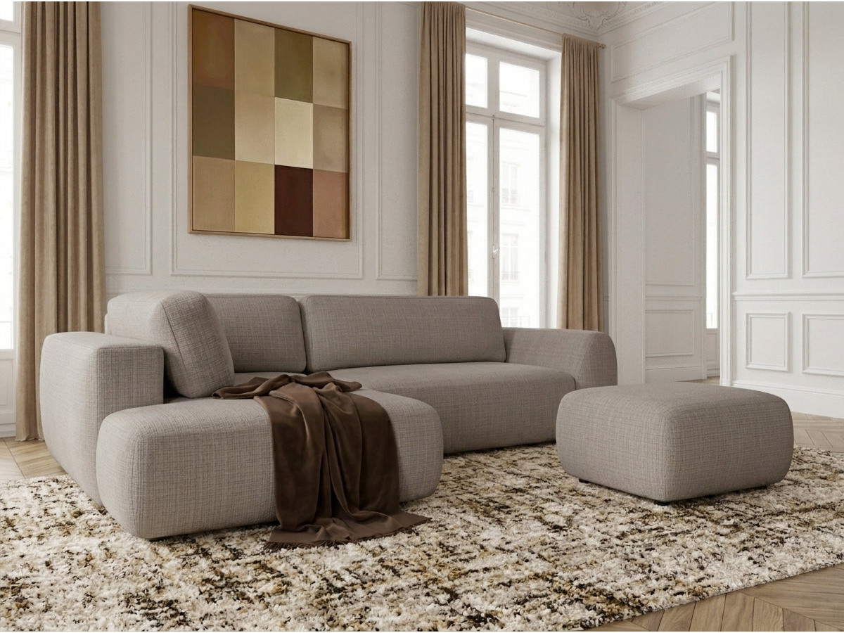 Bobochic Denise Ecksofa mit Schlaffunktion und Bettkasten und Pouf 256 × 197 cm Strukturstoff Taupe Ecke links