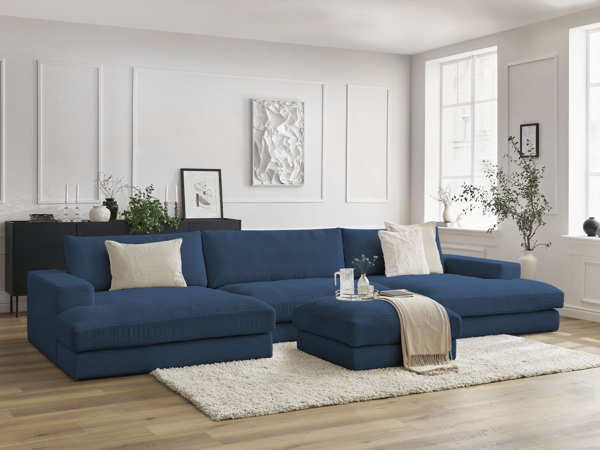 Bobochic Leonard Wohnlandschaft mit Pouf 404 × 159 cm Cordsamt Dunkelblau