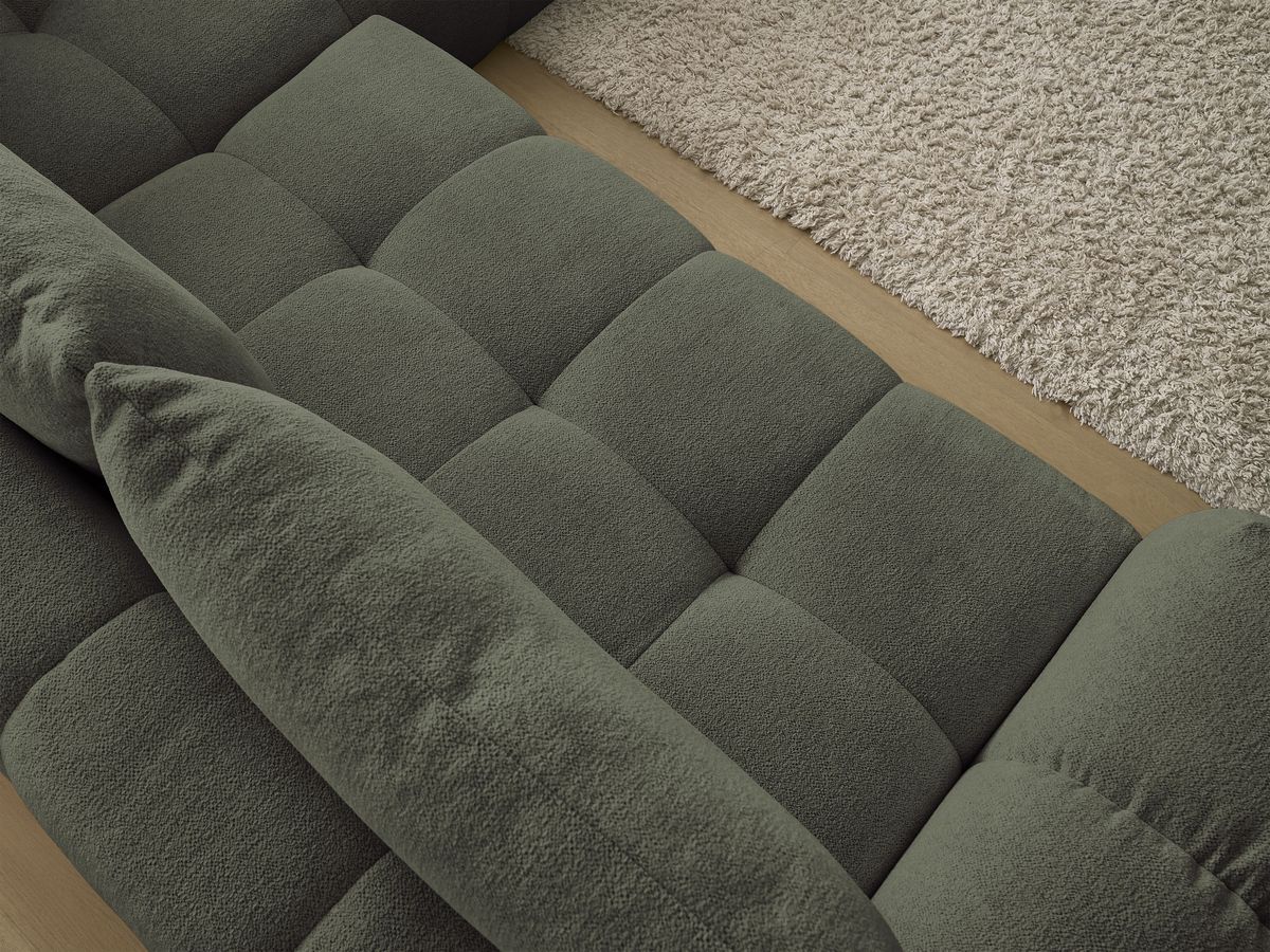 Bobochic Everest Ecksofa mit Schlaffunktion und Bettkasten 320 × 212 cm, 5 Kissen Melange-Stoff Grün Ecke rechts