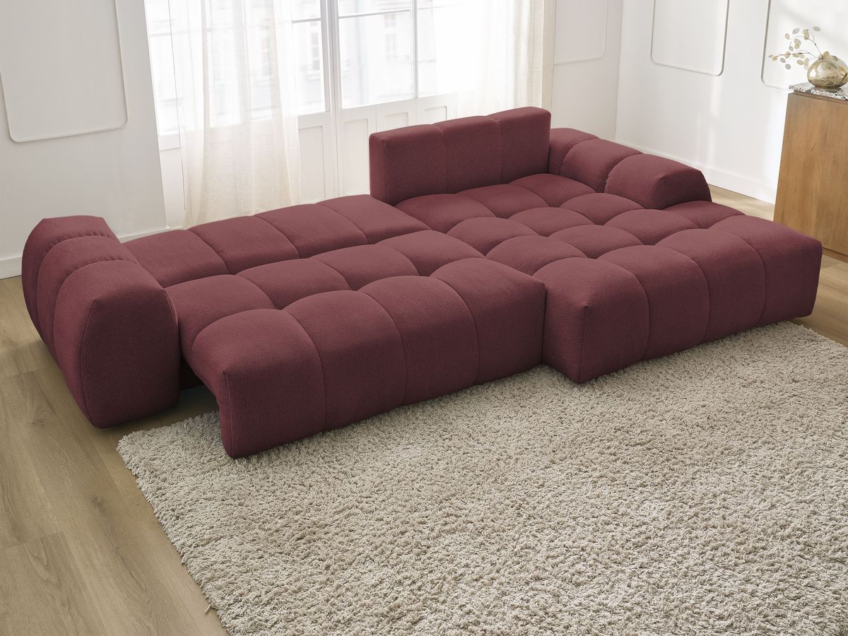 Bobochic Everest Ecksofa mit Schlaffunktion und Bettkasten 318 × 180 cm, 3 Kissen Melange-Stoff Rot Ecke rechts
