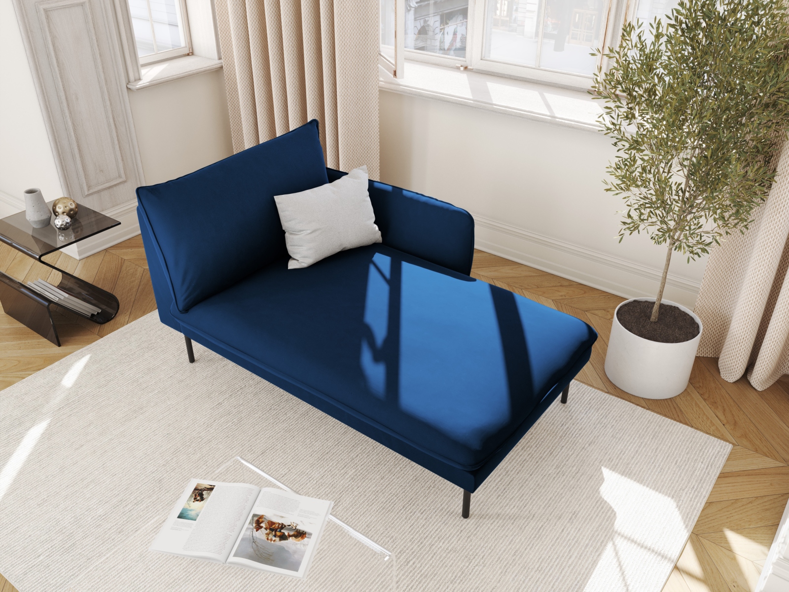 Cosmopolitan Design Chaiselongue Vienna Samt Bluvel Königsblau Rechts Beine Schwarzes Metall