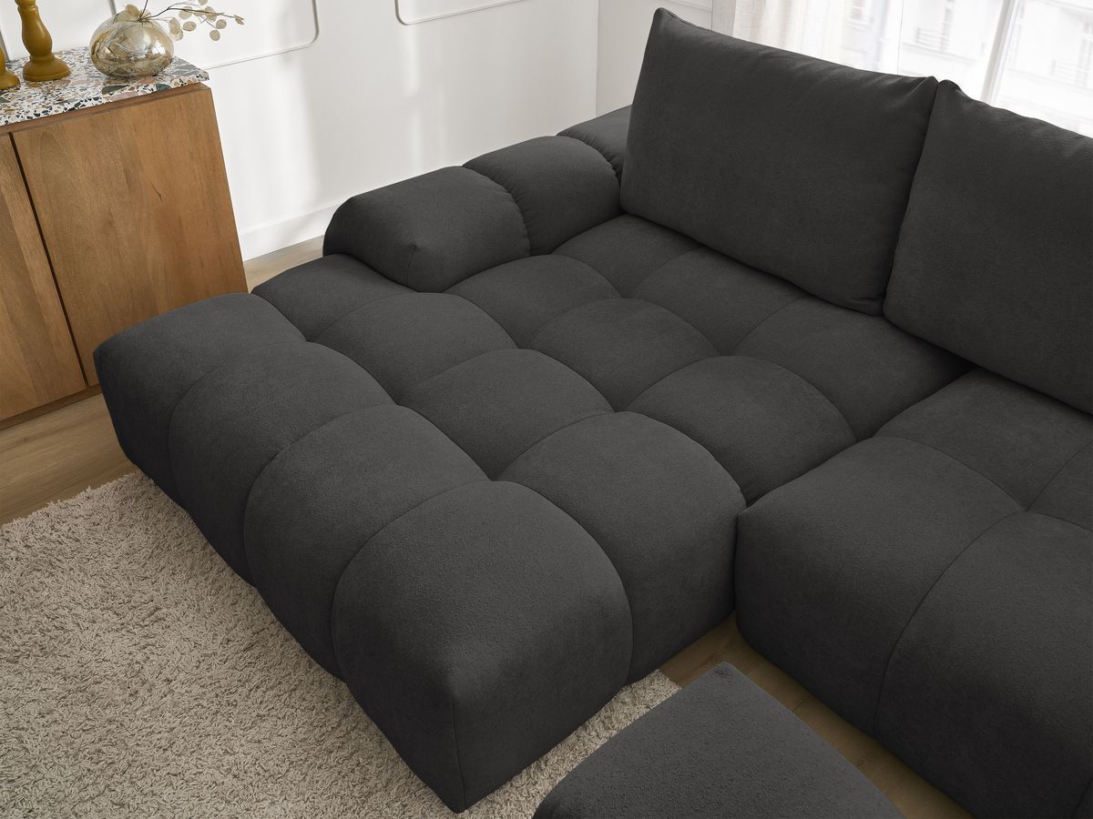 Bobochic Everest Ecksofa mit Schlaffunktion und Bettkasten und Pouf 318 × 180 cm, 3 Kissen Strukturstoff Schwarz Ecke links