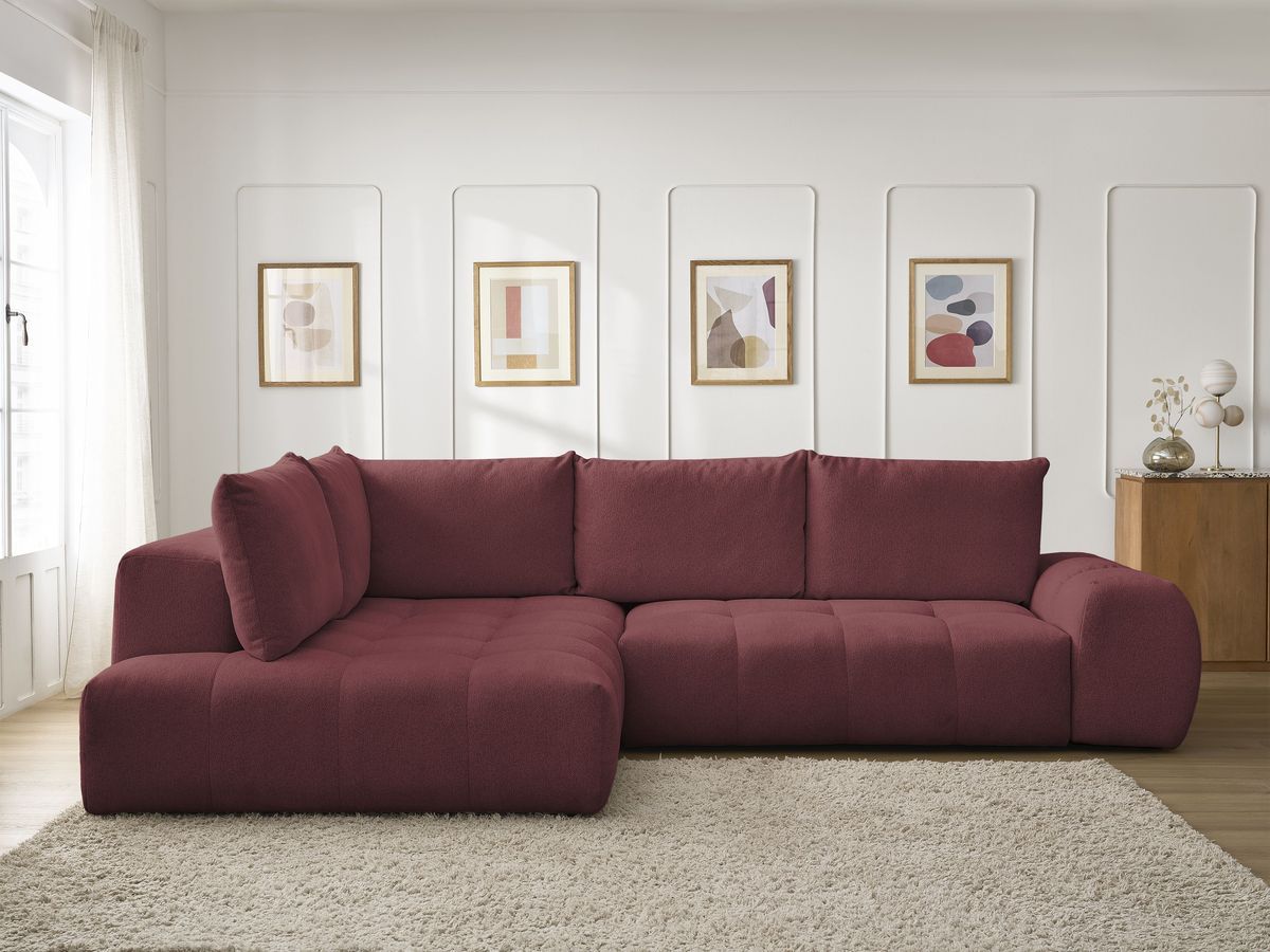 Bobochic Everest Ecksofa mit Schlaffunktion und Bettkasten 320 × 212 cm, 5 Kissen Melange-Stoff Rot Ecke links