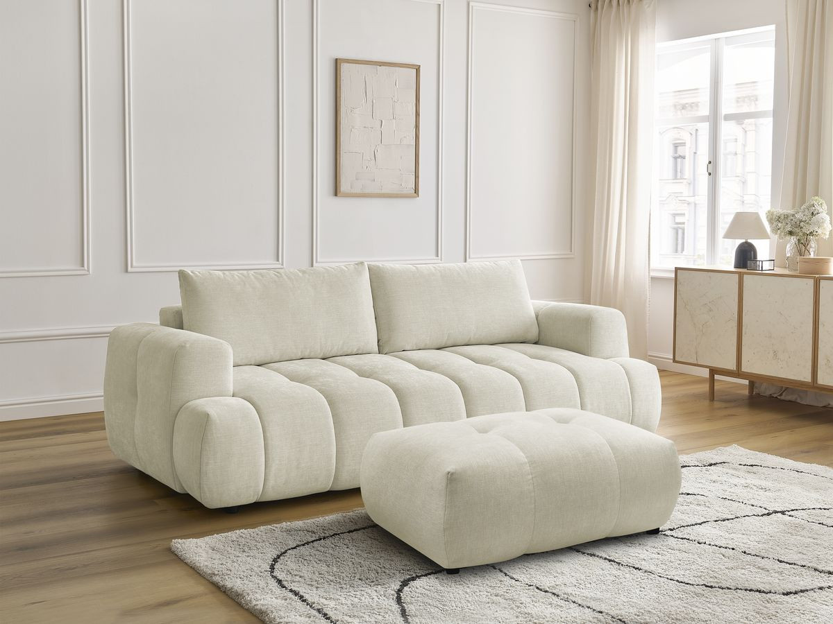 Bobochic Fuji Schlafsofa 3-Sitzer mit Bettkasten und Pouf Stoff Beige