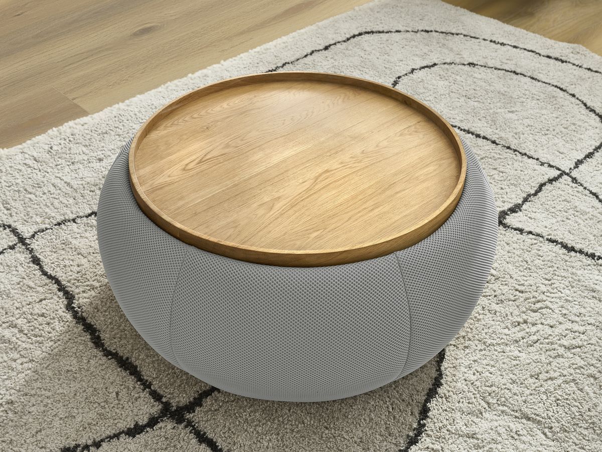 Bobochic Hayden Pouf mit Tablett, rund Mesh-Stoff Hellgrau, 87 cm